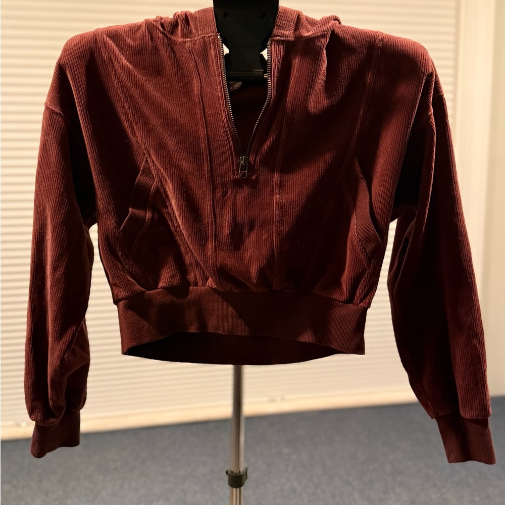 Daily Practice Corduroy Cropped Half-Zip Hoodie in Deep Burgundy - Women’s Small